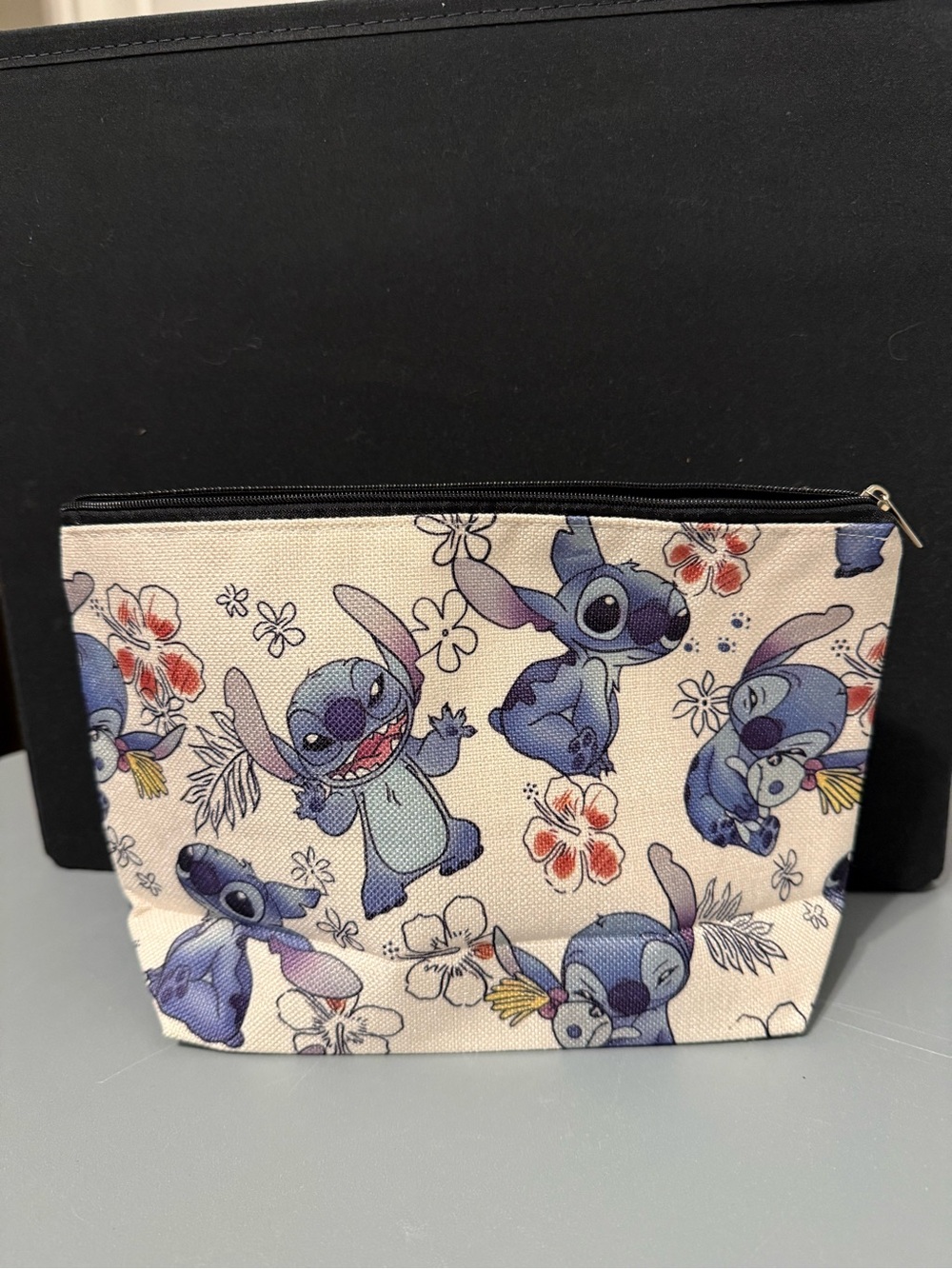Cute Stitch Printed Cosmetic Pouch in Cream and Blue
